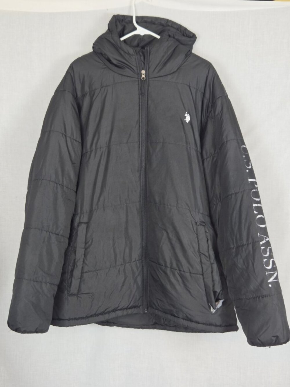 US Polo Assn Puffer Coat Jacket Black Men's 3XL Logo Sleeve Hood Pockets Lined